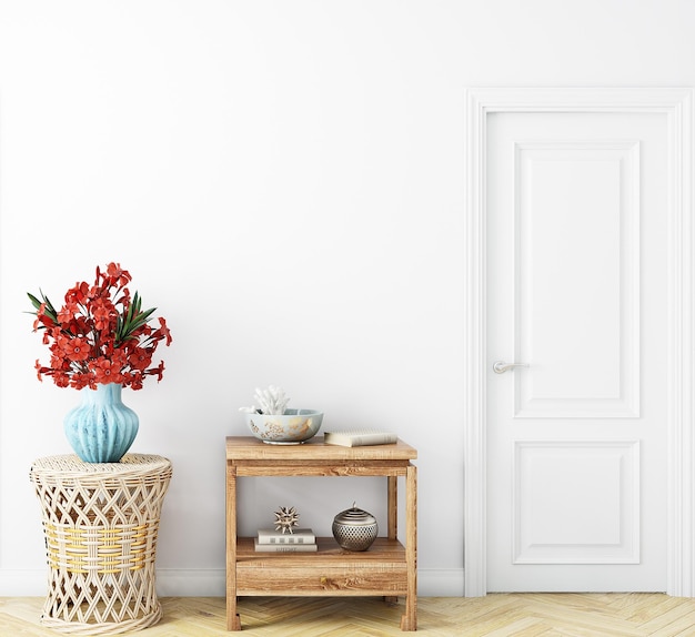 Interior background, a white door is open to a room with a vase of flowers on a table.