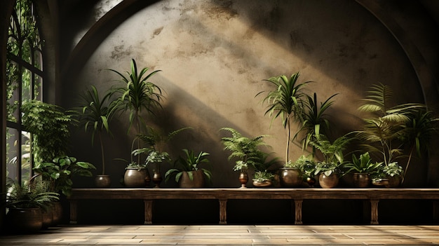 Photo interior background with plant 3d render