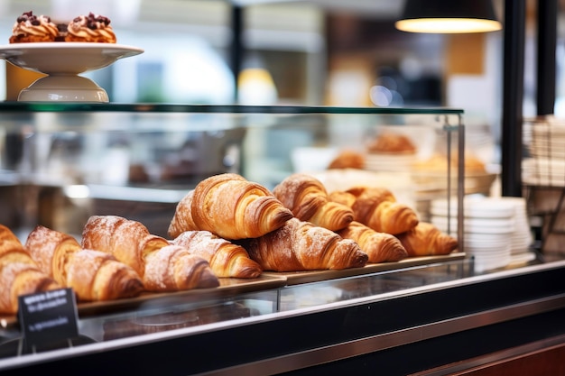 Interior of the bakery store with croissants