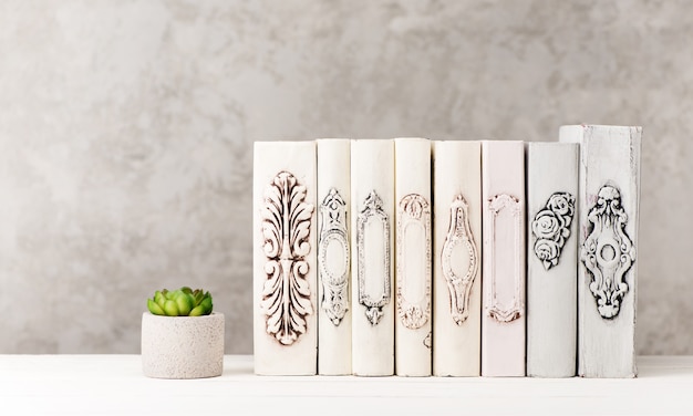 Photo interior banner with old books on wooden shelf