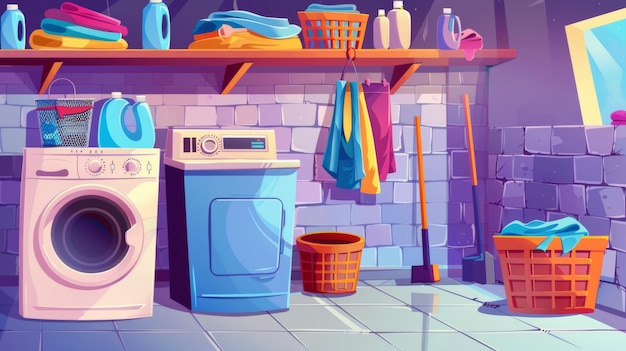 Interior of a basement laundry room Cartoon illustration of a laundry room with a washing machine automatic dryer iron board detergents in bottles displayed on shelves a mop and bucket a hamper