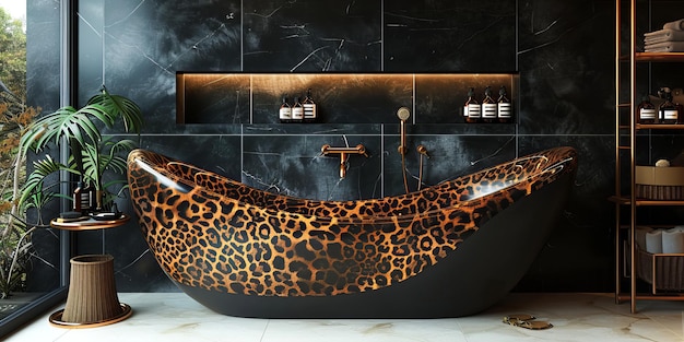 Photo interior of bathroom in modern house bath with leopard pattern decor