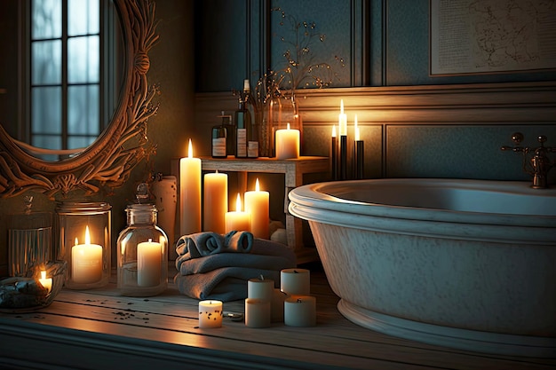 Interior of bathroom with candles in evening mood created with generative ai