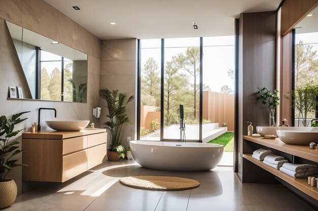 The interior of a bathroom with a large sink and shower in a modern house