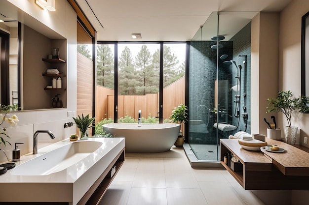 The interior of a bathroom with a large sink and shower in a modern house