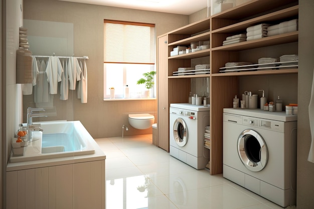 Interior of bathroom with modern washing machine