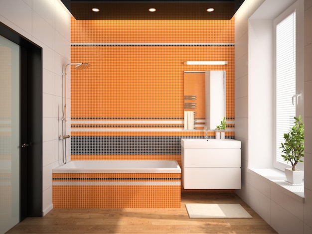 Interior of the bathroom with orange wall 3D rendering 2