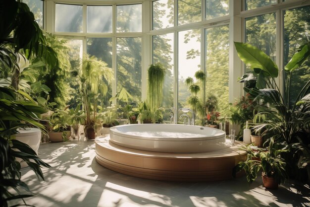 Interior bathroom with panoramic windows Bathtub indoor plants in pots Spa salon hotel relax