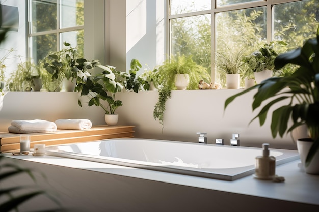 Interior bathroom with panoramic windows Bathtub indoor plants in pots Spa salon hotel relax