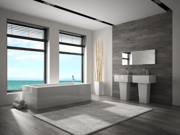 Интерьер ванной комнаты с видом на море 3D рендеринг