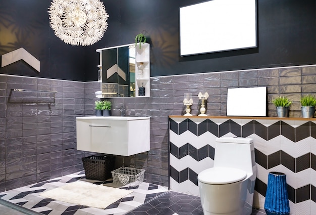 Interior of bathroom with sink basin faucet and mirror. Modern design of bathroom