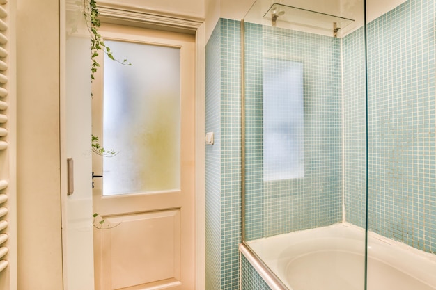 Photo interior of bathroom with white bathtub