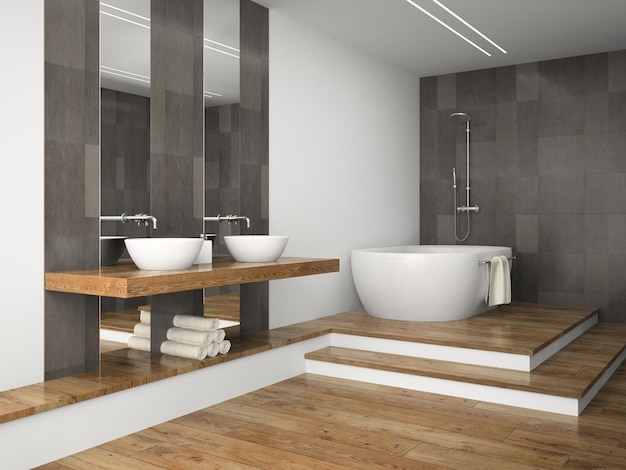 Интерьер ванной комнаты с деревянным полом 3D рендеринг