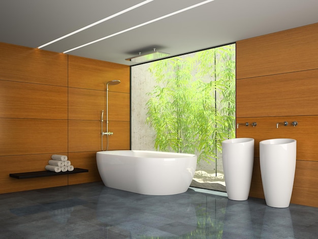 Interior of the bathroom with wooden wall 3D rendering