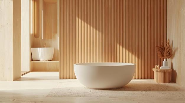 Interior of bathroom with wooden walls concrete floor comfortable white bathtub and shelves