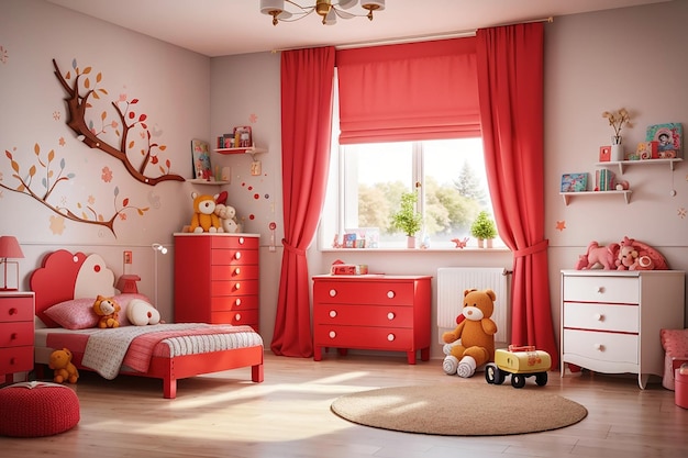 The interior of a beautiful childrens room with a red chest of drawers