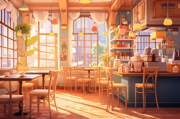 Interior of a beautiful and cozy cafe with empty chairs