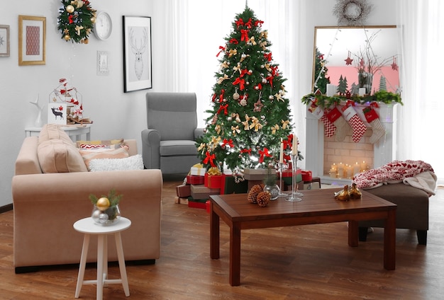 Interior of beautiful living room decorated for Christmas