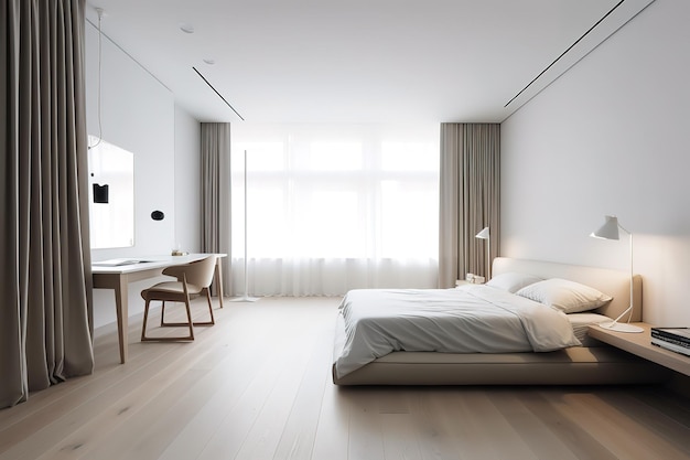 Interior of beautiful modern bedroom bedroom with bed in front of the wall 3d render Generative AI