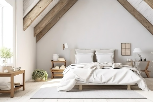 Интерьер красивой современной спальни с кроватью перед стеной Generative AI