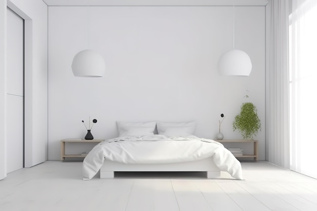 벽 앞에 침대가 있는 아름답고 현대적인 침실의 내부 Generative AI