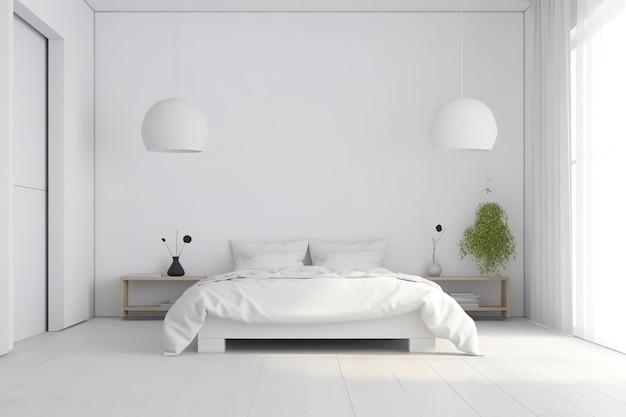 Interior of beautiful modern bedroom bedroom with bed in front of the wall Generative AI