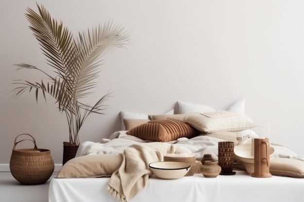 Интерьер кровать мебель дизайн поднос стол пальмовый ротанг натуральный современный дом Generative AI