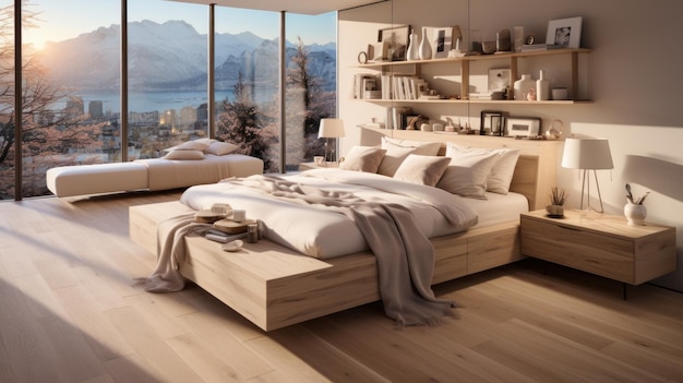 Interior of bedroom area in spacious bright studio apartment Natural colors wooden elements of furniture bookshelf at the head of bed floortoceiling windows with stunning view 3D rendering