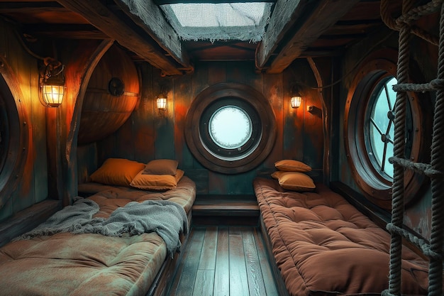 Photo interior of bedroom cabin room on pirate ship inside ancient sail boat