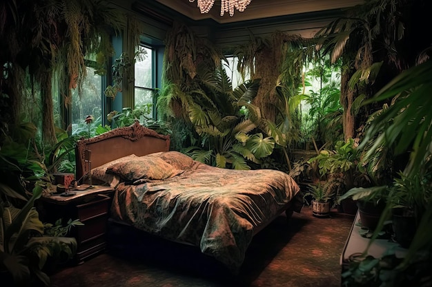 Interior of bedroom in hotel with plants and a jungle inside Dreams and imagination about fairy tales travel Generative AI illustration