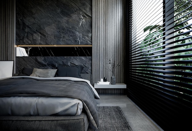 Photo interior of the bedroom is minimal with black base tones 3d illustration rendering