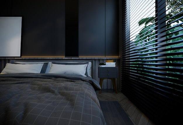 Минималистичный интерьер спальни с черными базовыми тонами. 3D-рендеринг иллюстрации.