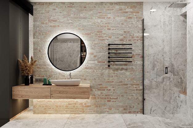 Interior of a bedroom in a modern loft style with a bathroom