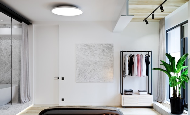 Interior of a bedroom in a modern loft style with a bathroom