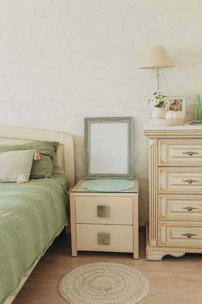interior of the bedroom in olive tones vintage style