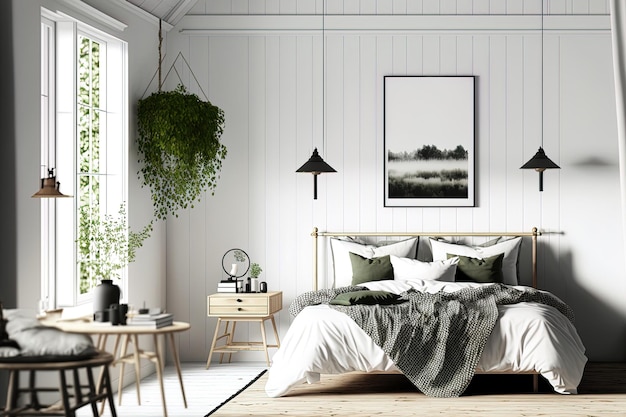 Interior of a bedroom in a Scandinavian farmhouse wall mockup