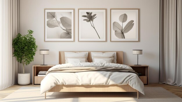 Интерьер спальни с постельными плакатами, полками и комнатными растениями возле белой стены