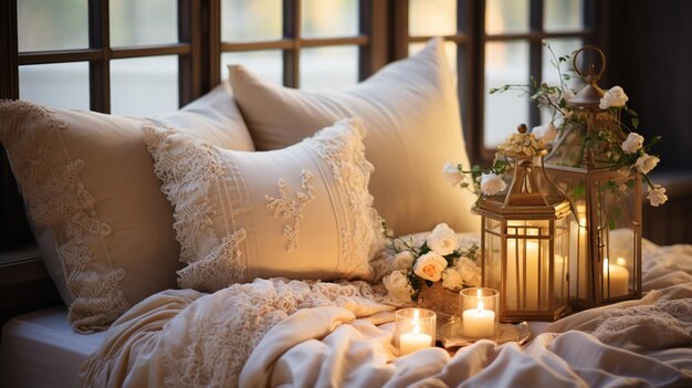 Photo interior of bedroom with candles and bed