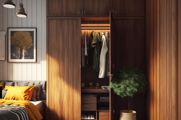 Interior of bedroom with wooden wardrobe