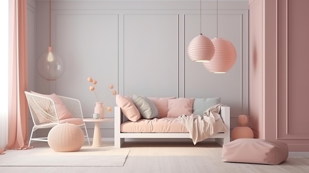 Interior of beige living room with furnishings made of natural wood Generative Ai