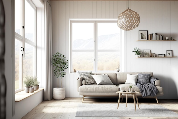 Interior of a beige minimalist living room with a wooden floor a sofa decorations and a window with a view of a white countryside Nordic interior design