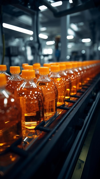 Interior of beverage factory with bottles of juice and water moving on conveyor vertical mobile wal