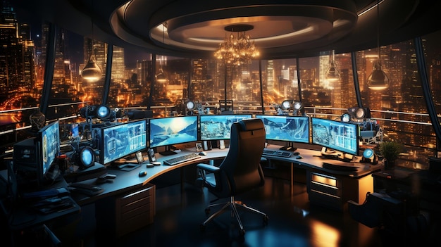 interior of big modern security system control room workstation with multiple displays monitoring