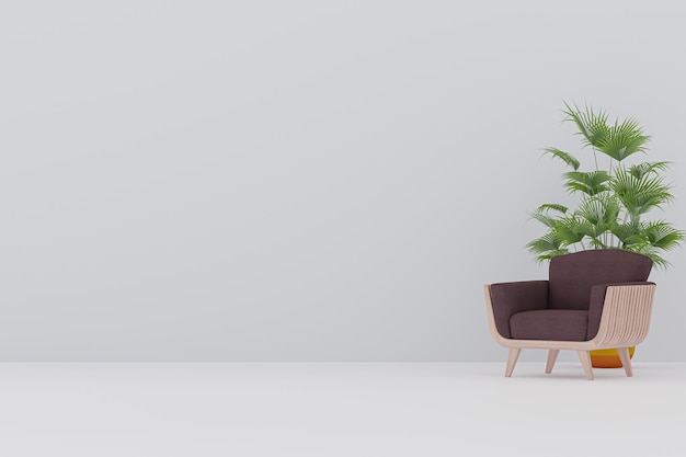 Interior blank wall mockup with tropical plant and chair