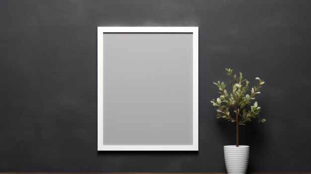 Фото Интерьер пустой белый деревянный квадратный макет рамы на полу через черную стену комнаты фото с деревом