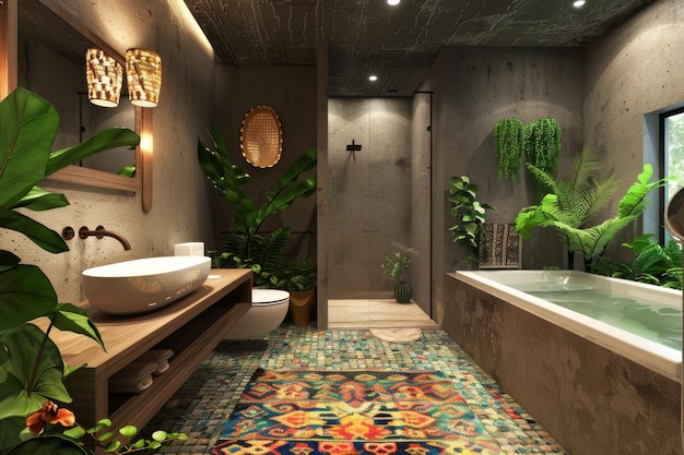 Интерьер ванной комнаты бохо с растением