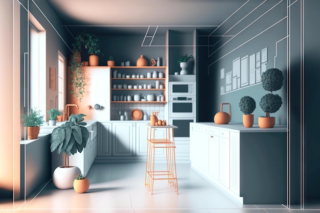 Interior of bright kitchen in modern style in concept of 3d rendering minimal room generative ai