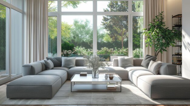 Interior of a bright living room with grey sofas coffee table and large windows