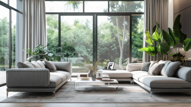 Interior of a bright living room with grey sofas coffee table and large windows