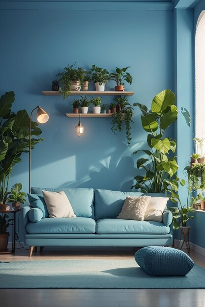 Interior of a bright living room with pillows on a sofa plants and lamp on empty blue wall